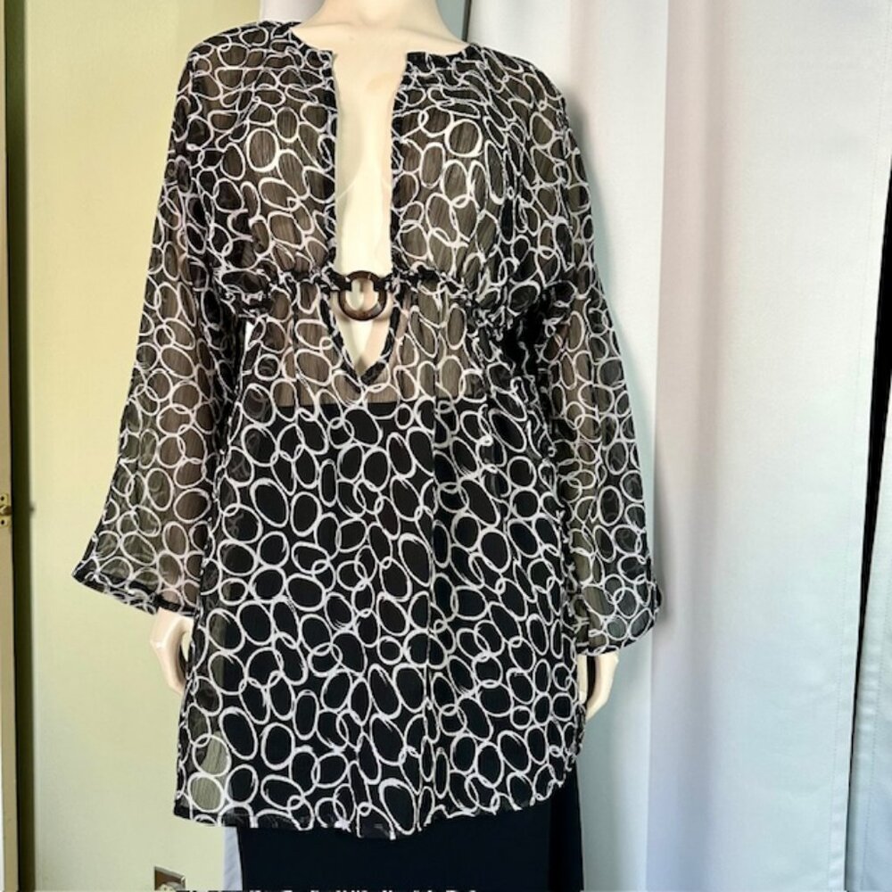 Black and White Circles Swimsuit Coverup, Sheer Black, Size 1X,